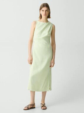New Theory Linen Blend Draped Midi Dress Aloe